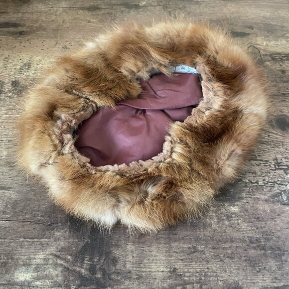 Vintage 1960s Womens Red-Brown Mink Fur Beret Pom Pom Hat Boho Mod Winter Toque - Picture 12 of 13